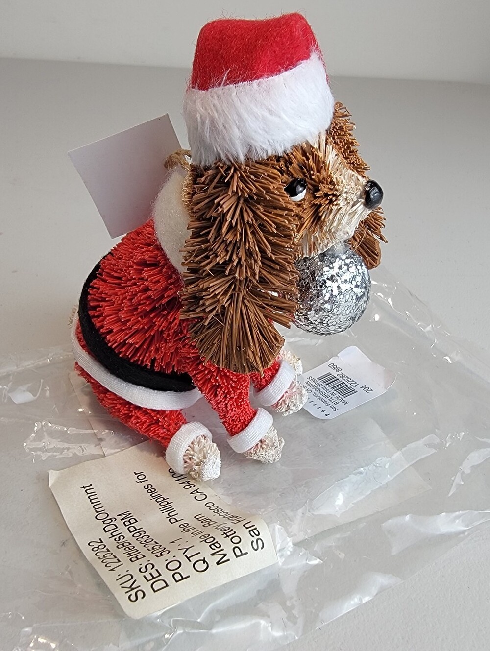 Pottery Barn Bottlebrush Santa Dog Spaniel Christmas Ornament 4.25" High